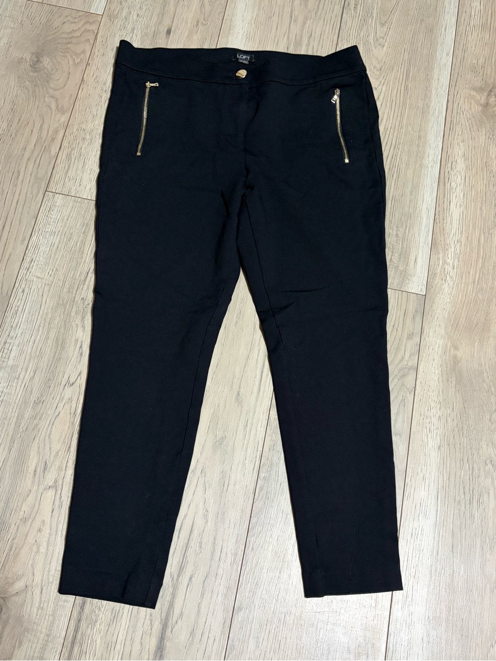 LOFT Black Slim Ankle Pants with Gold Zippers